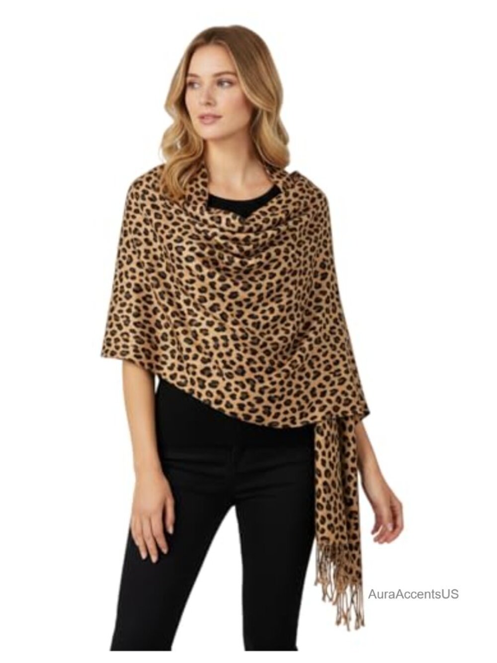 Synthetic Pashmina Leopard Pattern Wrap Scarf Fringe Tassels 28x72 Lightweight